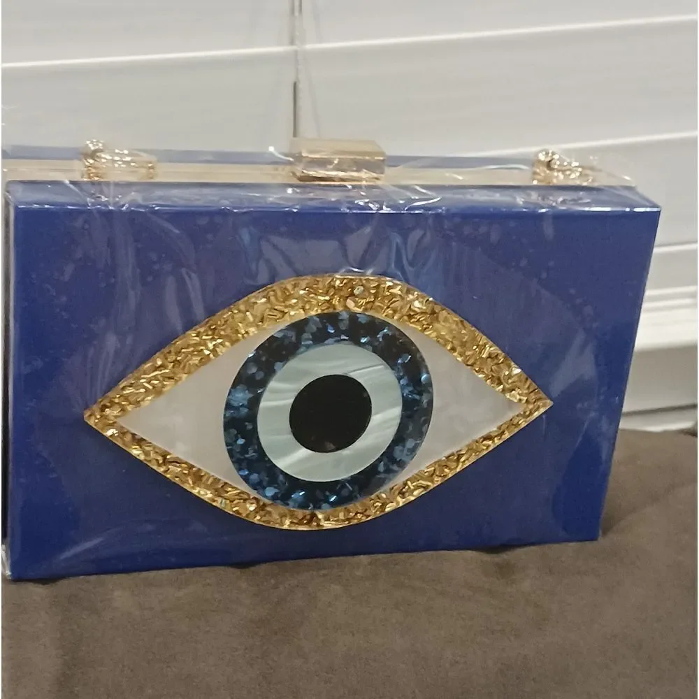 Blue Evil Eye Hard Shell Clutch Bag Chain